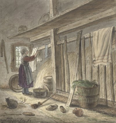 Corner of a Stable with a Girl Hanging a Cloth (1772) by Christina Chalon by Christina Chalon